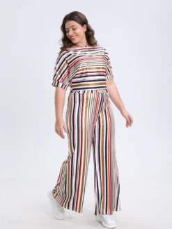 Plus Size Women Casual Short Sleeve Top And Striped Wide Leg Pants Two-piece Set -Plus Size Dresses Shop 50b8e8393bcb2c2a