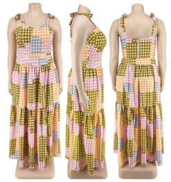 Plus Size Women Clothes Summer Plaid Crop Strap Top Loose Swing Skirt Two Piece Set -Plus Size Dresses Shop 512f64023f78a381