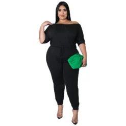 Short Sleeve Jumpsuit Women's Drawstring High Waist Slim Fit One-Piece Solid Track Pants