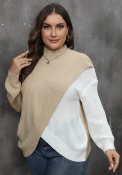 Plus Size Women's Autumn Winter Pullover Tops Contrast Color Patchwork Crossover Woven Sweater -Plus Size Dresses Shop 519375639a57cb53