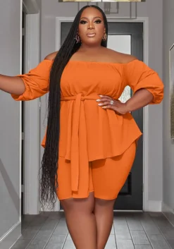 Plus Size Women Off Shoulder Solid Top And Shorts Casual Two-Piece Set -Plus Size Dresses Shop 51e108e16a42e054