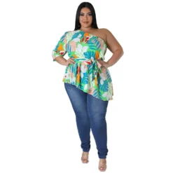 Summer Printed Plus Size Ladies One Shoulder Long Sleeve Lace Up Top -Plus Size Dresses Shop 523533cccd90647d