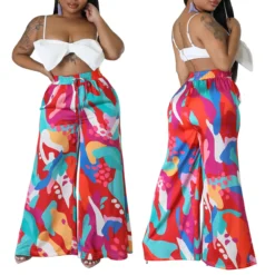 Plus Size Women Casual Tie Print Pocket Wide Leg Pants -Plus Size Dresses Shop 5235dc3bd28d2cbe