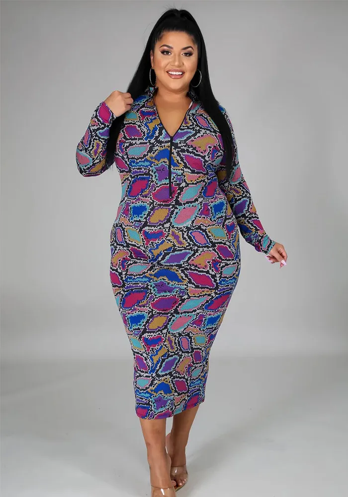 Plus Size Women V-neck Printed Long Sleeve Dress 4 Plus Size Women V-neck Printed Long Sleeve Dress - Image 2