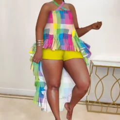 Sexy Halter Print Ruffled Irregular Two-Piece Shorts Set Clubwear -Plus Size Dresses Shop 52bd1894e621cfad
