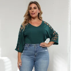 Fall Plus Size Women's Cutout V-Neck Bat Sleeves T-Shirt Top -Plus Size Dresses Shop 5338a903ce88fa14
