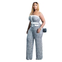 Plus Size Women Fake Button Strapless Print Jumpsuit -Plus Size Dresses Shop 53499d20f65dd59d