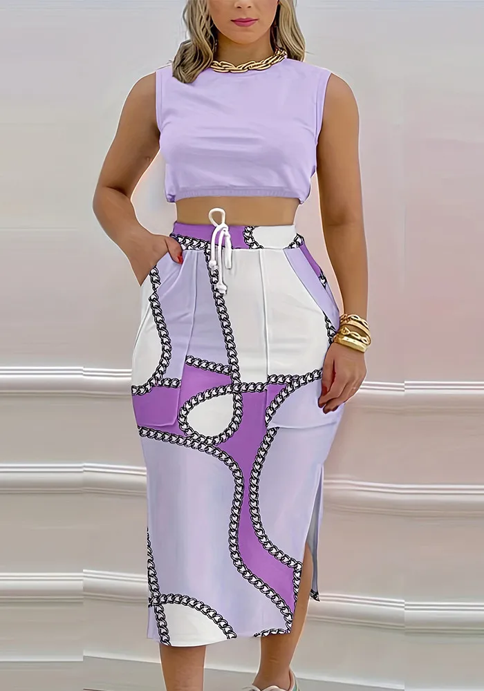 Plus Size Sleeveless Tank Top Print Slit Skirt Two Piece Set 6 Plus Size Sleeveless Tank Top Print Slit Skirt Two Piece Set - Image 4