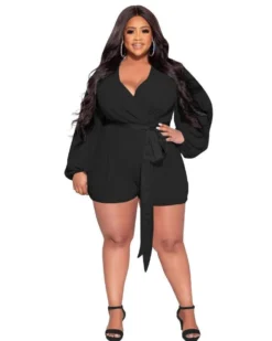 Plus Size Women Solid Chiffon Long Sleeve With Belt Romper -Plus Size Dresses Shop 543c8b9dd25a900e