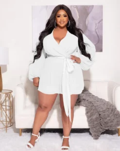 Plus Size Women Solid Chiffon Long Sleeve With Belt Romper -Plus Size Dresses Shop 54740115db1309a4