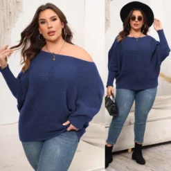 Women's Pullover Woven Sweater Plus Size Women's Autumn And Winter Bat Sleeves Loose Sweater -Plus Size Dresses Shop 5498a3685a76a6ed