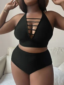 Plus Size Solid Cutout Cross Strap Adjustable Low Back Bikini -Plus Size Dresses Shop 54b85fc512363190