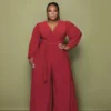 Winter Red V-Neck Wrap Long Sleeve Wide Legges Plus Size Jumpsuit -Plus Size Dresses Shop 56a178a1f08fc5fd