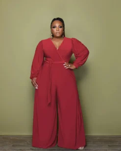 Winter Red V-Neck Wrap Long Sleeve Wide Legges Plus Size Jumpsuit