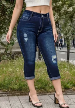 Plus Size Women Summer Ripped Stretch Denim Cropped Pants -Plus Size Dresses Shop 56ff1681c205f22a