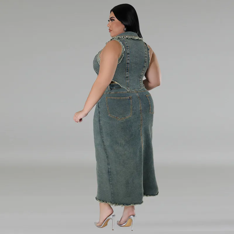 Plus Size Women's Denim Sleeveelss Zipper Top Slit Long Skirt Two Piece Set 6 Plus Size Women's Denim Sleeveelss Zipper Top Slit Long Skirt Two Piece Set - Image 4