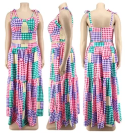 Plus Size Women Clothes Summer Plaid Crop Strap Top Loose Swing Skirt Two Piece Set -Plus Size Dresses Shop 5904e0da93054b5e