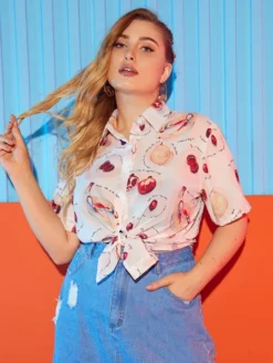 Plus Size Women's Short Sleeve Printed Breasted Shirt