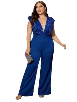 Plus Size Women's Ruffled Sleeves Sequined Patchwork Wide Leg Fashion Jumpsuit -Plus Size Dresses Shop 5a6fd0176c4d5c78