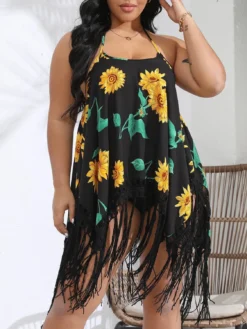 Plus Size Women Beach Strap Printed Handhook Tassel Lace-Up Backless Dress -Plus Size Dresses Shop 5b01e1259e380877