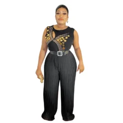 Ladies Round Neck Sleeveless Beaded Casual Loose Pleated Jumpsuit With Belt -Plus Size Dresses Shop 5b27c84867457b2d