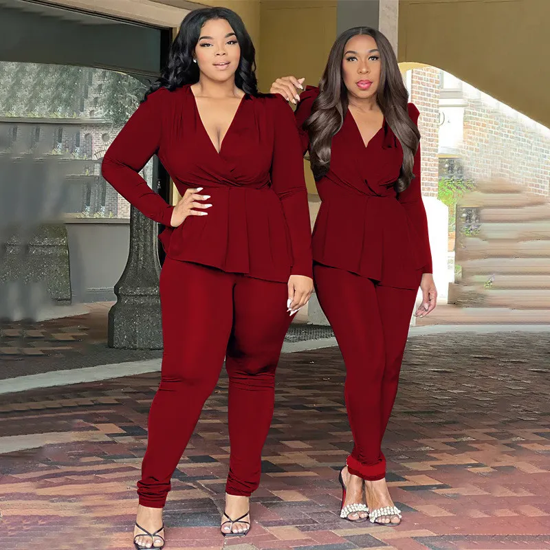 Africa Plus Size Women's Deep V Neck Long Sleeve Pencil Pant Set 15 Africa Plus Size Women's Deep V Neck Long Sleeve Pencil Pant Set - Image 13