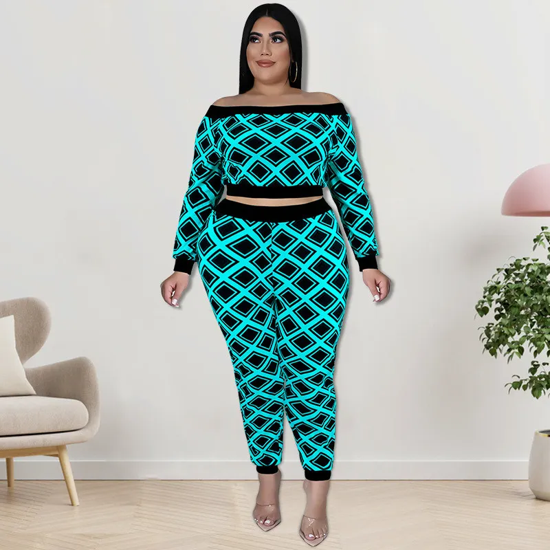 Plus Size Women'S Print Off Shoulder Top And Pants Two Piece Set 3 Plus Size Women'S Print Off Shoulder Top And Pants Two Piece Set