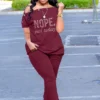 Women Summer Burgunry Casual Slash Neck Short Sleeves Letter Print Button Top Plus Size Two Piece Pants Set 1 Women Summer Burgunry Casual Slash Neck Short Sleeves Letter Print Button Top Plus Size Two Piece Pants Set -Plus Size Dresses Shop 5cae99d990e8c3a7