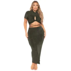 Summer Solid Sexy Drawstring Cutout Round Neck Short Sleeve Fashion Casual Slit Skirt Set Plus Size Women Clothes -Plus Size Dresses Shop 5dbd844834fc39fd