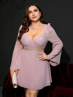 Plus Size Sexy Women Bell Bottom Sleeve Wrap Chest Hollow Dress -Plus Size Dresses Shop 5de4f052641c2465