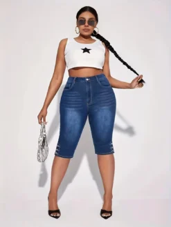 Plus Size Women Summer Button Stretch Denim Cropped Pants -Plus Size Dresses Shop 5ea308f31242567f