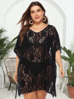 Plus Size Women Sexy Lace Hollow See-Through V-neck Slit Beach Dress -Plus Size Dresses Shop 5f3c3aa3c6db9a44