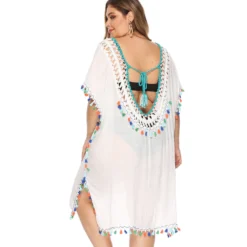 Plus Size Women's Irregular Hook Patchwork Multi-Color Tassel Deep V Sexy Loose Plus Size Beach Cover Up -Plus Size Dresses Shop 5f96022d4206cbdf