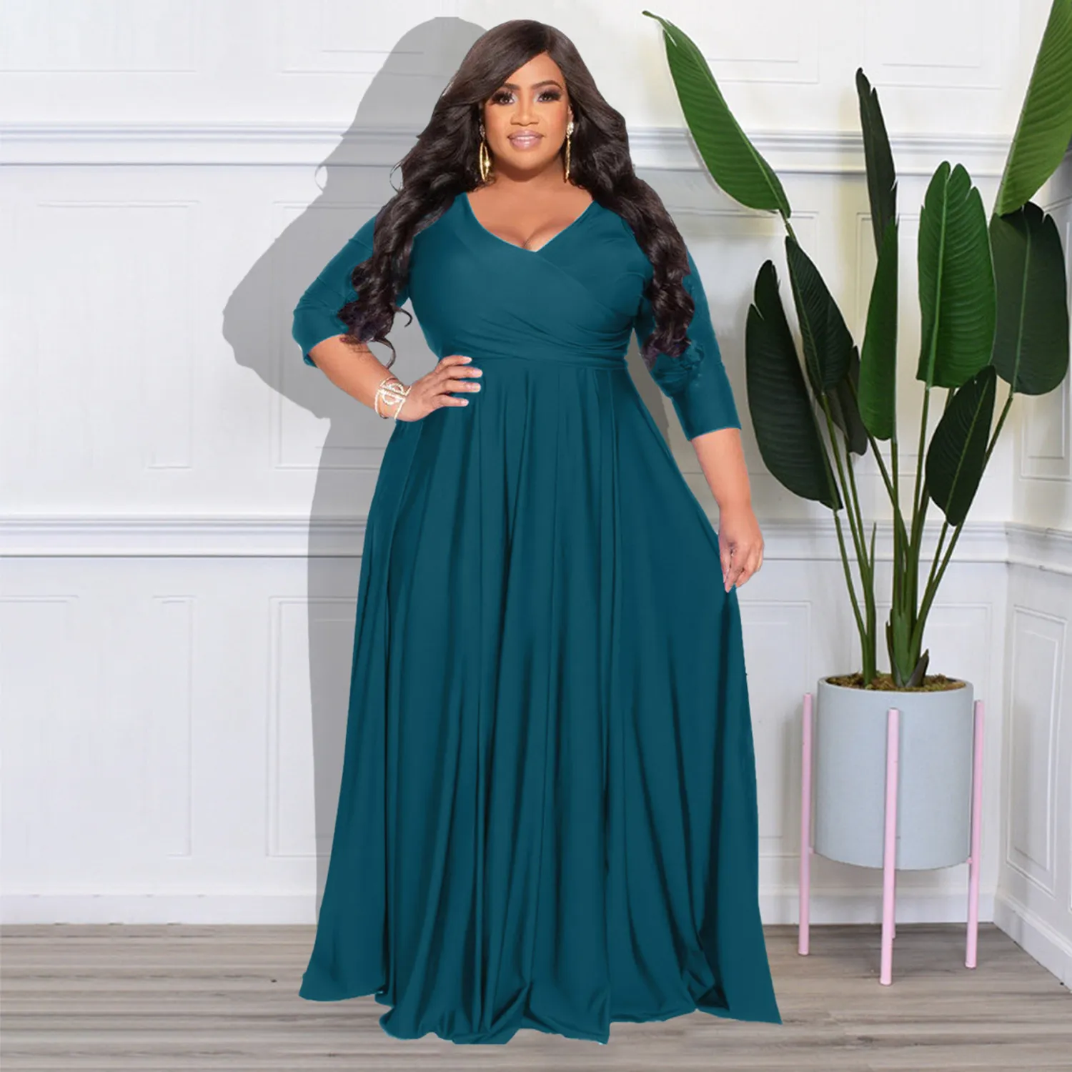 Plus Size Women's Solid Color V-Neck Sexy Long Dress 21 Plus Size Women's Solid Color V-Neck Sexy Long Dress - Image 19