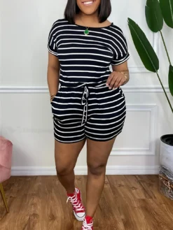 Fashion Plus Size Round Neck Casual Loose Comfort Striped Two Piece Shorts Set -Plus Size Dresses Shop 6011cb14da15a889
