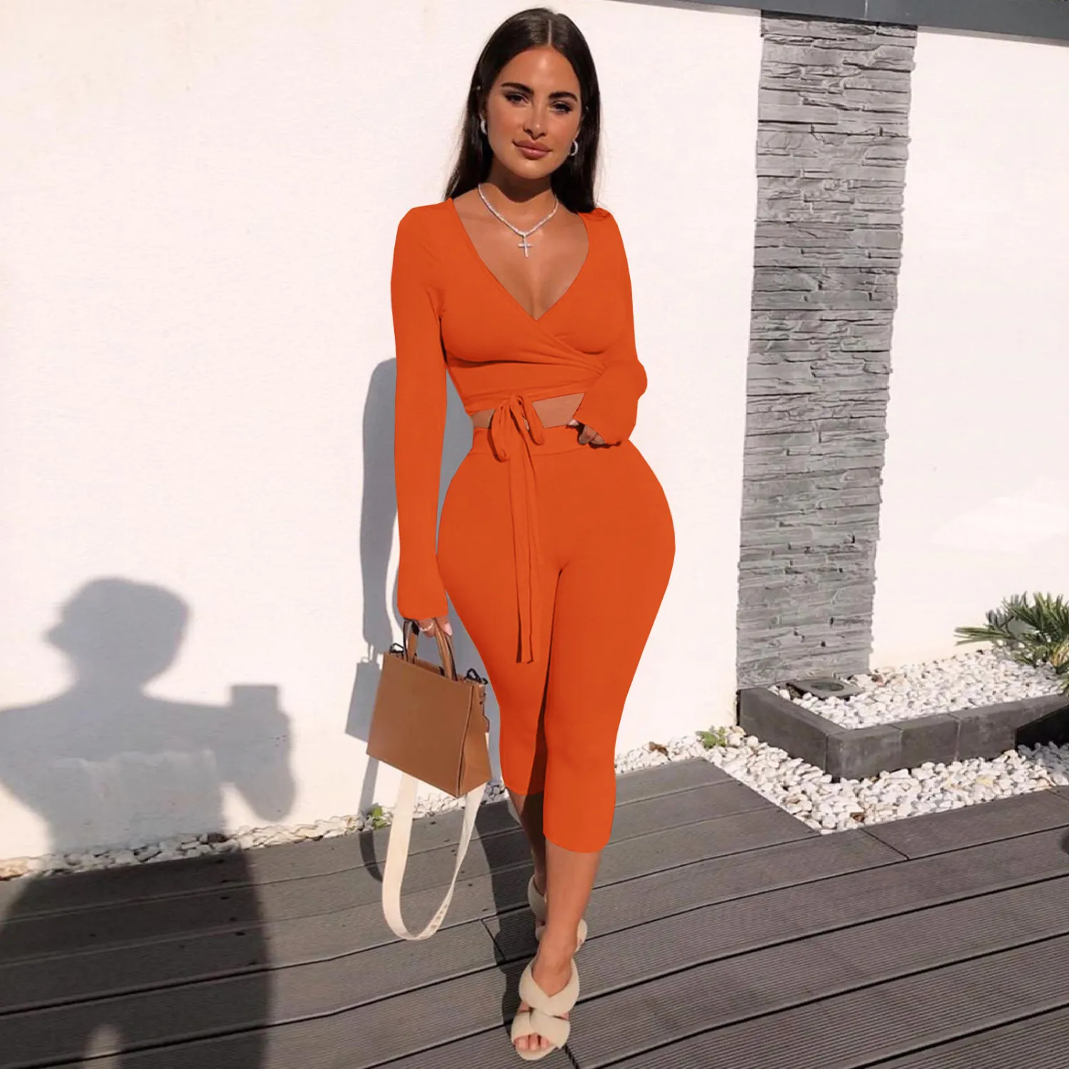 Autumn And Winter Plus Size Women's Solid Color Long Sleeve 7-Point Pants Sexy Casual Two Piece Set 9 Autumn And Winter Plus Size Women's Solid Color Long Sleeve 7-Point Pants Sexy Casual Two Piece Set - Image 7