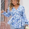 Spring Ruffled Tops Blue V-Neck Printed Long-Sleeved Shirts For Women -Plus Size Dresses Shop 603618b627f7624a