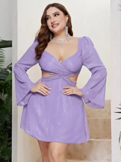Plus Size Sexy Women Bell Bottom Sleeve Wrap Chest Hollow Dress -Plus Size Dresses Shop 60f19cb941eda475