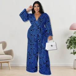 Plus Size Women'S Print Long Sleeve Wrap Wide Leg Jumpsuit -Plus Size Dresses Shop 61b5f95bc22932af