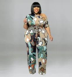 Plus Size Women's Summer Slanted Shoulder Print Jumpsuit With Belt -Plus Size Dresses Shop 61cd308d92cf02da