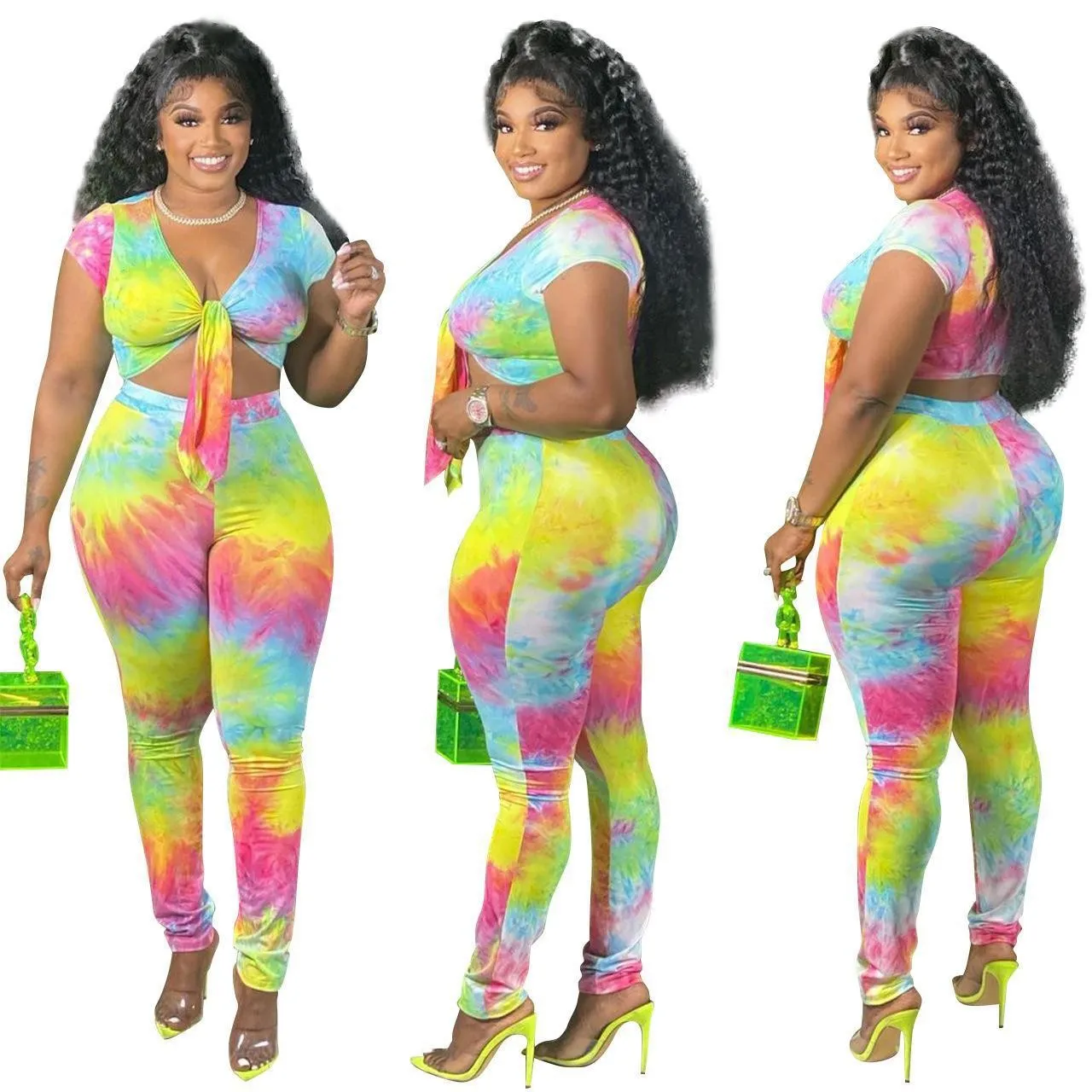Plus Size Women's Tie Dye Gradient Print Tied Sexy Two Piece Pants Set 4 Plus Size Women's Tie Dye Gradient Print Tied Sexy Two Piece Pants Set - Image 2