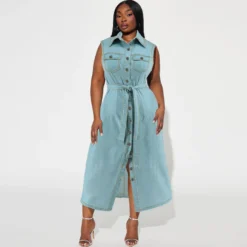 Plus Size Women's Turndown Collar Sleeveless Button Belt Denim Long Dress -Plus Size Dresses Shop 626f663b55c7047d
