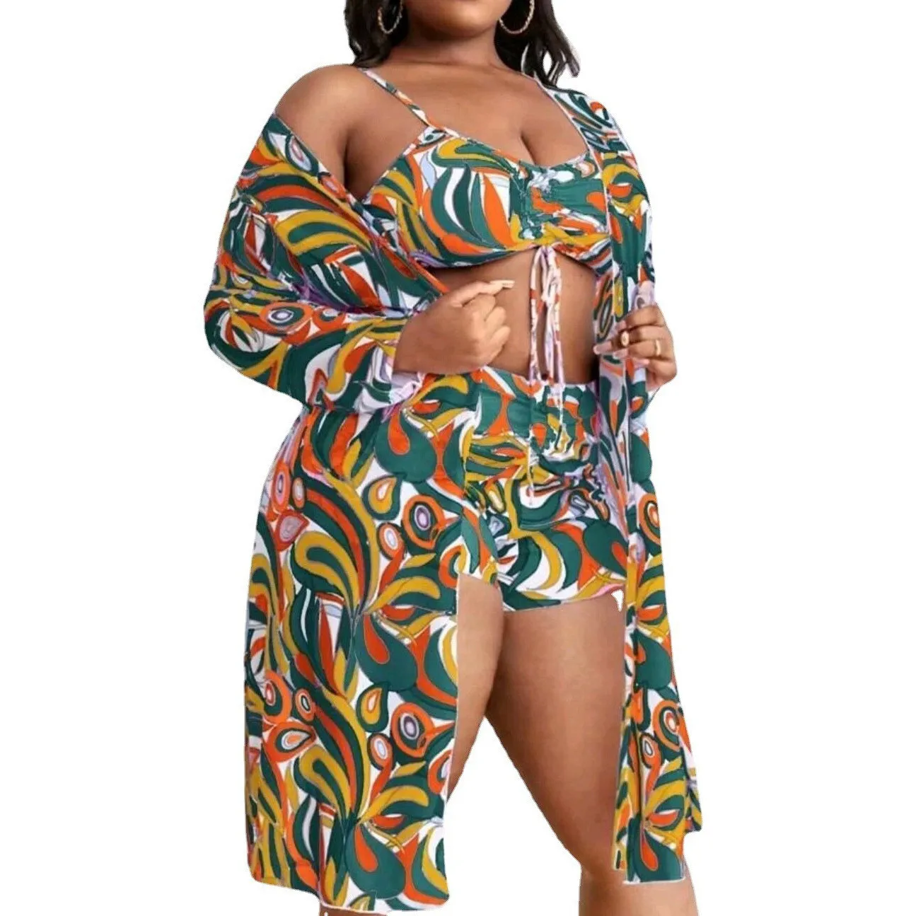 Women's Print Drawstring High Waisted Two Pieces Swimsuit Long Sleeve Blouse Plus Size Three-Piece Swimwear 5 Women's Print Drawstring High Waisted Two Pieces Swimsuit Long Sleeve Blouse Plus Size Three-Piece Swimwear - Image 3