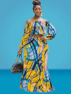 Autumn Plus Size Printed Yellow Off Shoulder Puff Sleeve Top And Maxi Skirt Set -Plus Size Dresses Shop 6304bc9e340fa471