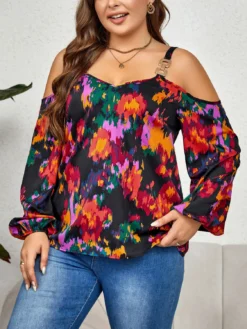 Plus Size Women Graffiti Print Puffed Sleeves Top