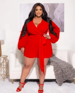 Plus Size Women Solid Chiffon Long Sleeve With Belt Romper -Plus Size Dresses Shop 636f5f967bf35041