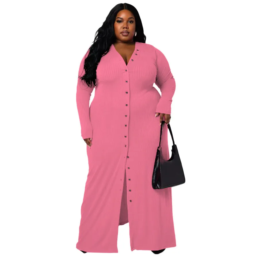 Plus Size Women Long Sleeve Ribbed Slit Dress 4 Plus Size Women Long Sleeve Ribbed Slit Dress - Image 2