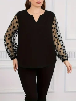 Plus Size Women Solidmesh Patchwork Long Sleeve Plus Size Shirt -Plus Size Dresses Shop 63f016d66419ab8d