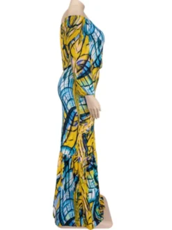 Autumn Plus Size Printed Yellow Off Shoulder Puff Sleeve Top And Maxi Skirt Set -Plus Size Dresses Shop 642001f7b35b4f3f