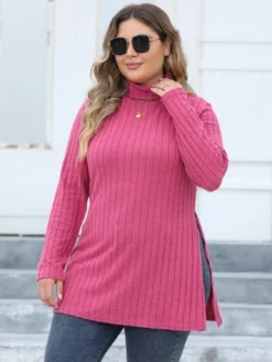 Women's Tops Plus Size Women's Turtleneck Slim Fit Basic Shirt Ribbed Slit Midi T-Shirt -Plus Size Dresses Shop 6459d9c28e81fcda